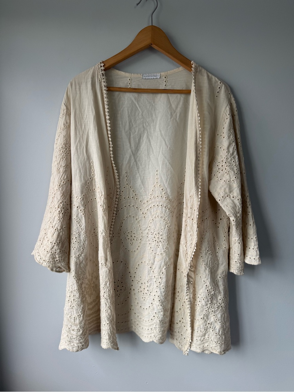 (S/M) Cream Eyelet Cotton Open Kimono Cardigan